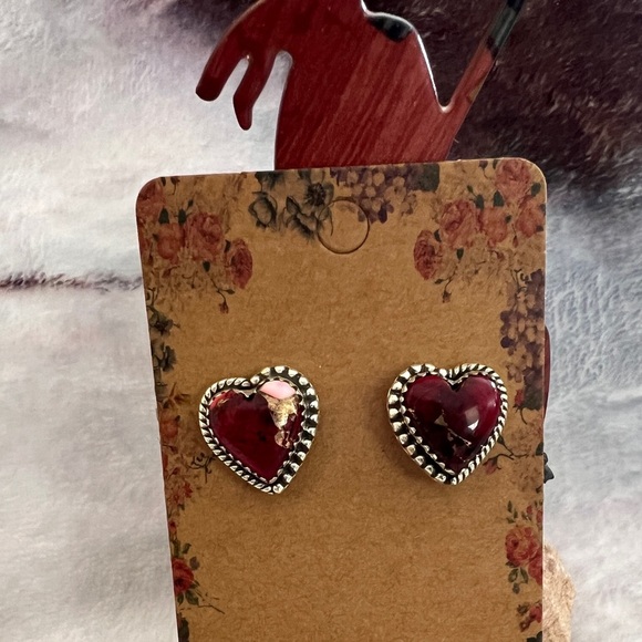 ❤️ Red Rose Pink Dahlia Turquoise 925 Southwestern Post Back Heart Earrings 7 gm - Picture 1 of 10